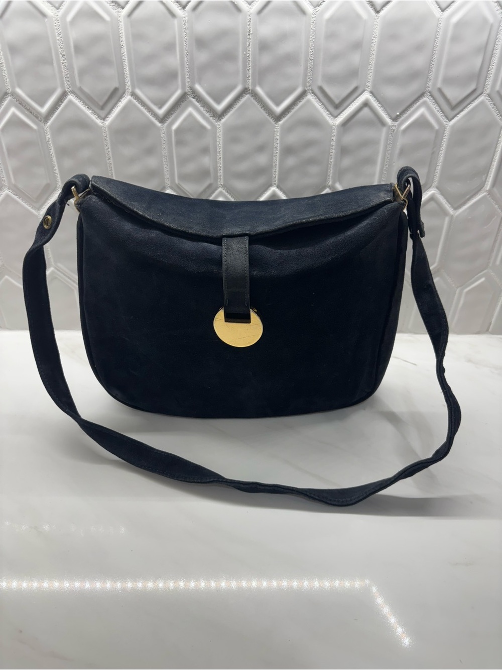 Vintage Jay Herbert New York Navy Suede Shoulder Bag Gold Disc